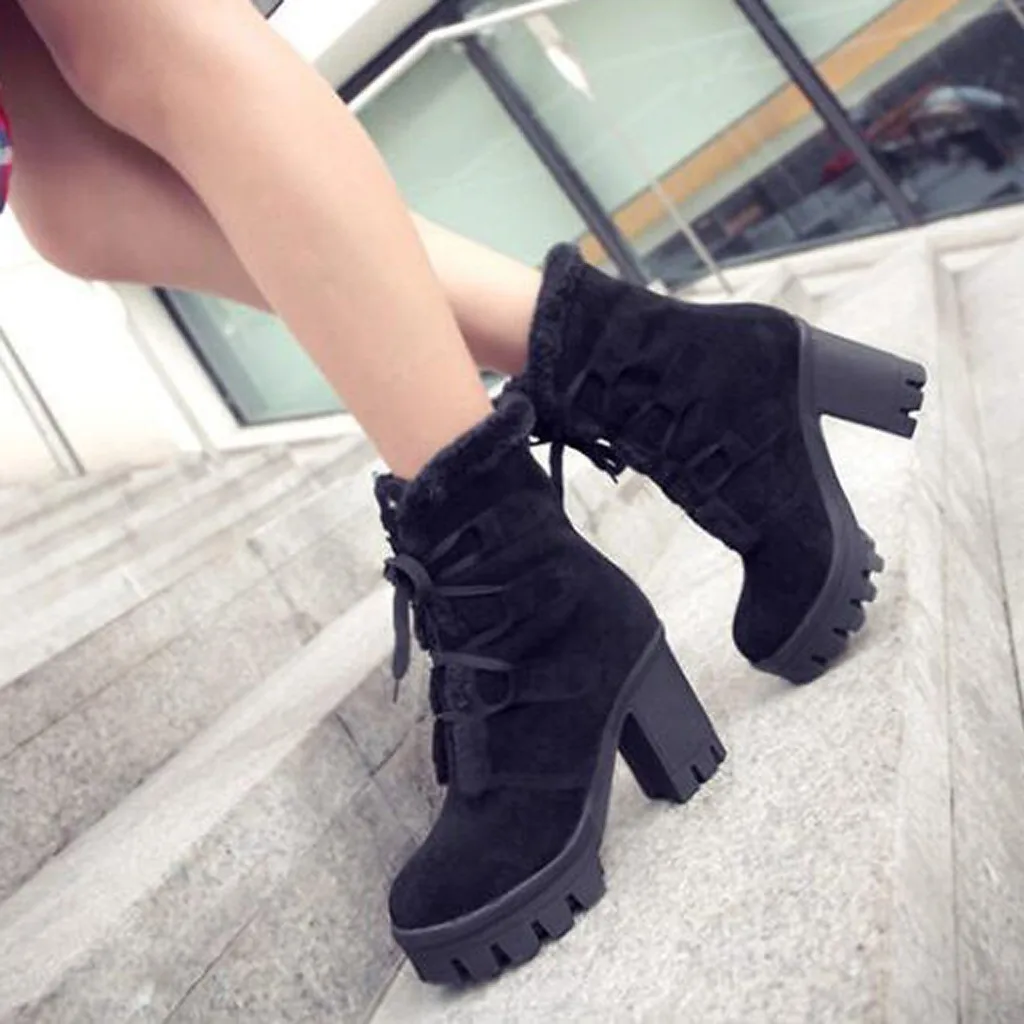 Для женщин ботинки размера плюс зимние сапоги для Для женщин, на шнуровке, теплые ботинки на каблуках Ботильоны botas Mujer теплый плюш стелька; женская обувь;#3