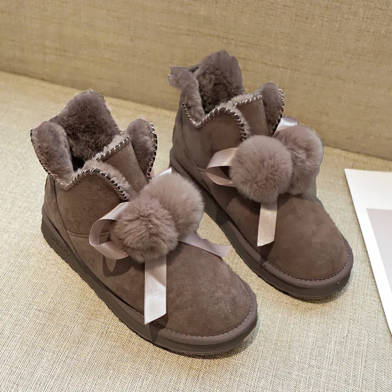 

Cute Fur Ball Australia Snow Boots for Women Short Ankle Boots Female Winter Warm Furry Booties Suede Leather Ladies Shoes P364