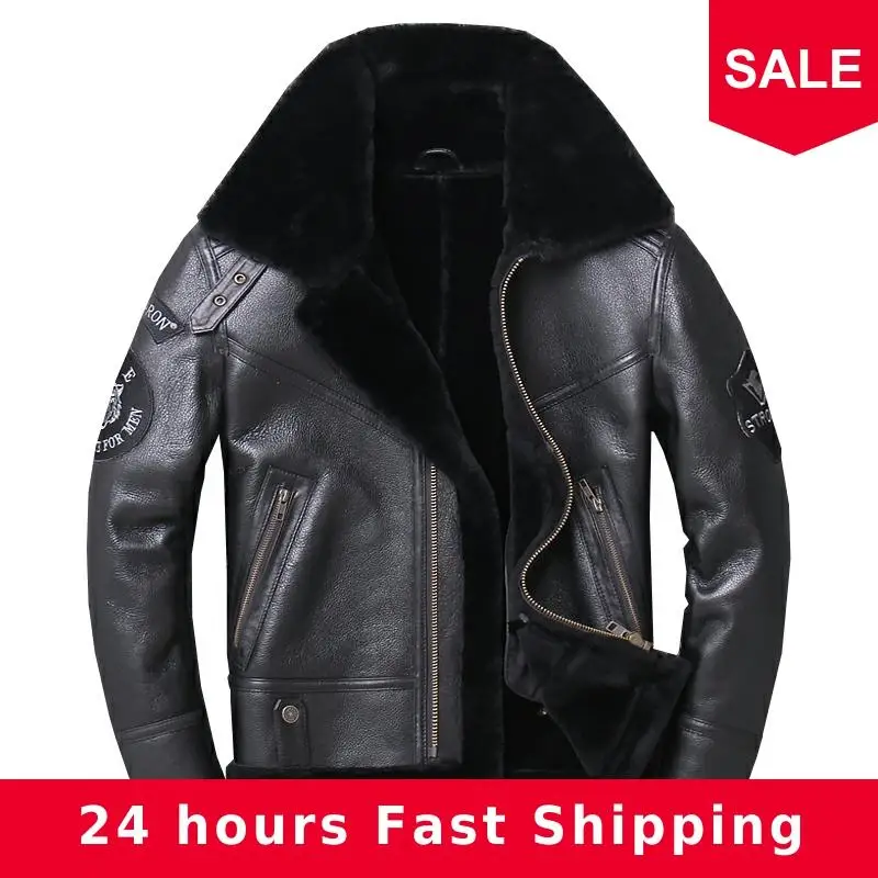 

2020 Black Men Genuine B3 Bomber Shearling Coat Plus Size XXXL Winter Warm Thick Short Military Aviator Leather Jacket