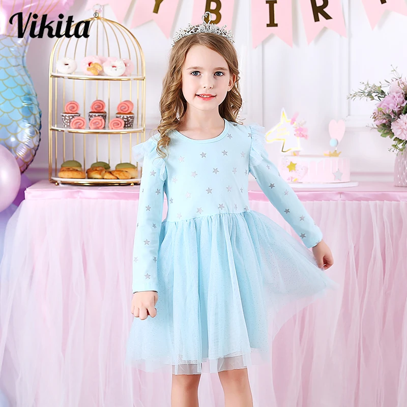 Good Value VIKITA Kids Long Sleeve Dresses for Girls Party Dress Star Printed Birthday Tutu Dresses GmJwQLlKV