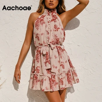 

Aachoae Summer Floral Print Chiffon Beach Dress Women Sexy Off Shoulder Mini Party Dress Pearl Sashes Decorate Pleated Dresses