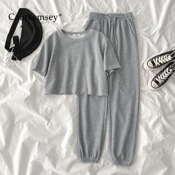 

Student Casual Two Piece Sets Summer Women Tracksuits Korean Short Sleeve Crop Tops And High Waist Loose Ankle Length Sweatpants