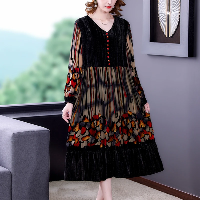 

ZUOMAN Large Size Vintage Printed Gold Velvet Dress New Fashion Temperament Women's Loose Long Elegant Korean Full Sleeve Robes