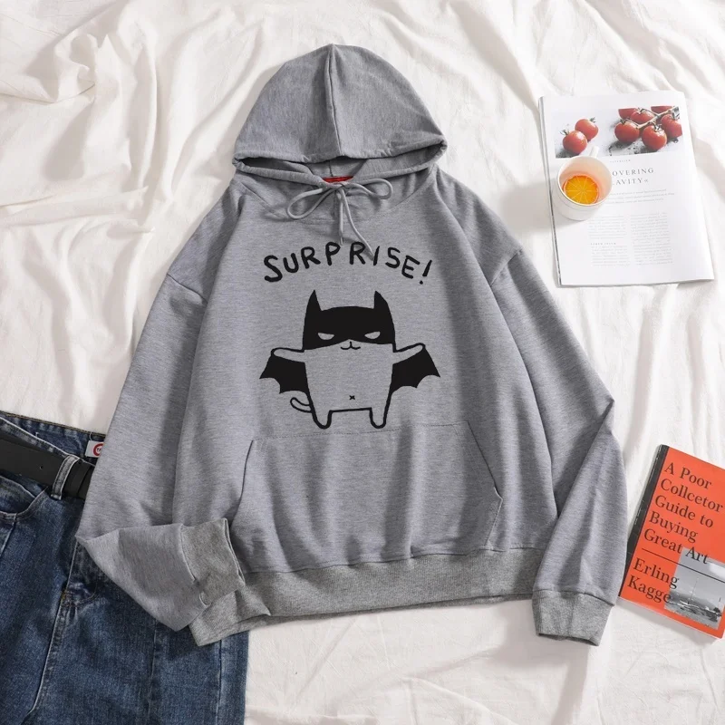 

SURPRISE casual autumn sweatershirt letter cat animal print long sleeve women Hoodies Pure Color Pullovers drawcord hoodies