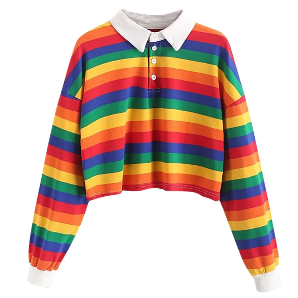  Contrast Striped Rainbow Half Button Crop Sweatshirt Short Polo Shirt Long Sleeve Women Shirts Autu