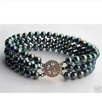 

Free shipping new hot New 3 Rows AA 7-8MM Black Akoya Cultured Pearl Bracelet 7.5" AA+