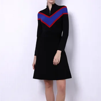 

Women's Stand Collar Knit Mini Dress V Shape Long Sleeve Zipper Contrast Color A-line Casual Knitted Short Dress Spring Autumn