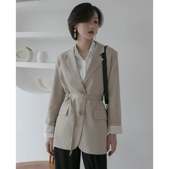 

Temperament Women's Blazers 2019 Winter New Loose Fashion Brief Solid Color Notched Full Sleeve Casual Sashes Long Blazers Women