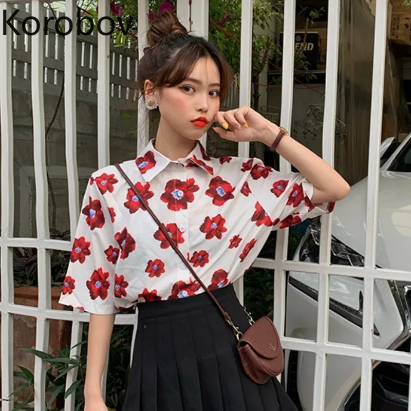 

Korobov Retro Casual Print Holiday Beach Blouse Women Turn Down Collar Short Sleeve Single Breast Blusas Summer 2020 New Shirt