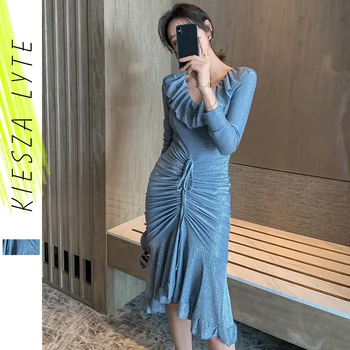 

Spring 2020 New Party Dress Elegant Fashion V Neck Blue Slim Bright Silk Irregular Fishtail Knitted Dresses