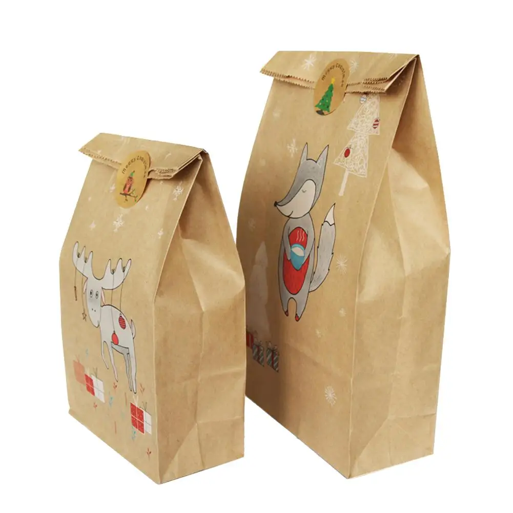 

12 Sets Of Kraft Paper Baking Bags Christmas Candy Snack Paper Gift Bag With Christmas Sticker Candy Christmas Frosted Gifts Bag