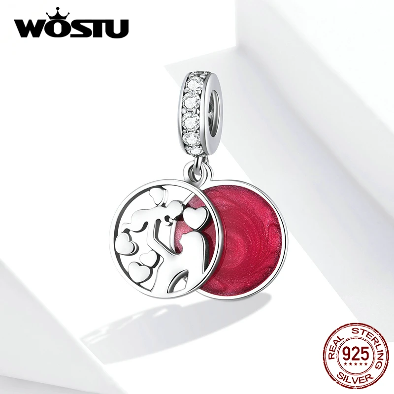 WOSTU Double Layers Mother &amp Child Charm 925 Sterling Silver Red Enamel Round Bead Fit Original Bracelet Pendant Jewelry FIC1460 |