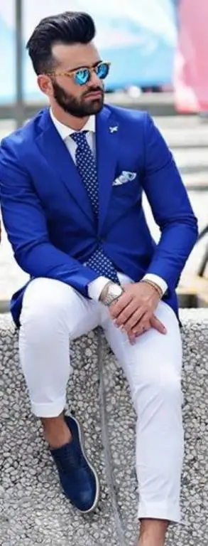 

New Causal Royal Blue Men Suits with White Pants 2019 Weding Suits for Men costume homme (Jacket+Pants+Tie)