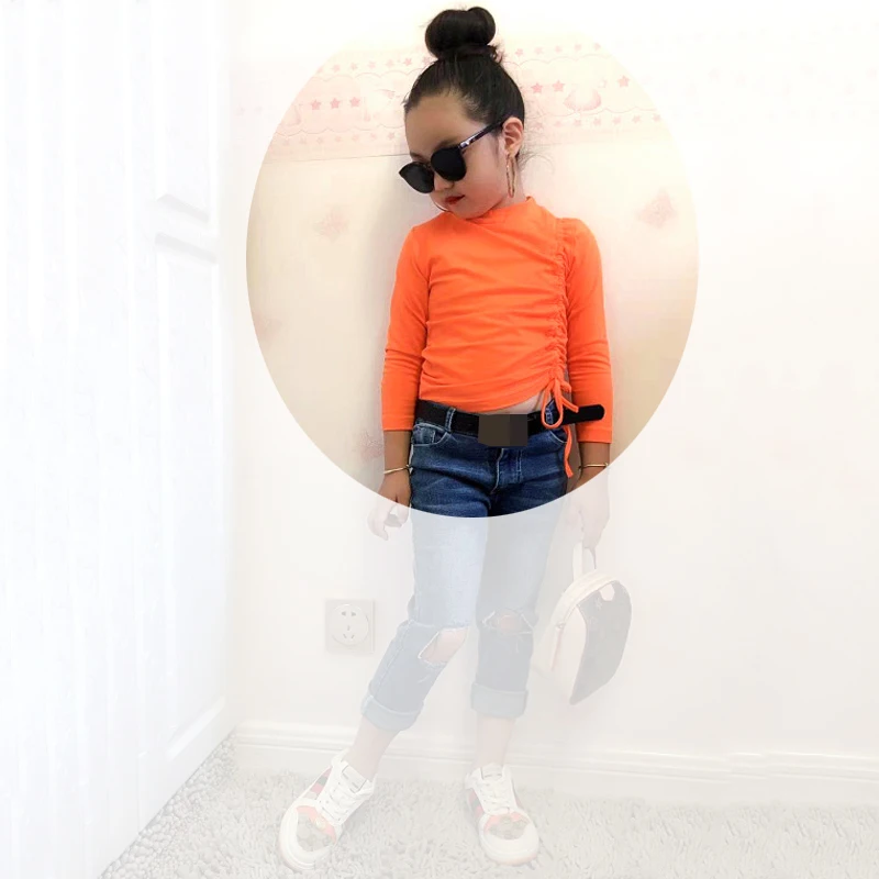 Весенне-осенняя футболка для девочек Футболка для малышей, детский укороченный топ, Детская уличная одежда модная однотонная блуза с длинным рукавом и шнуровкой для детей от 3 до 9 лет - Цвет: orange
