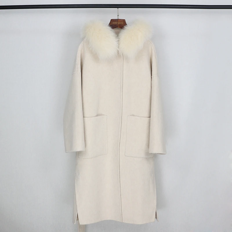 OFTBUY пальто с натуральным мехом, зимняя куртка для женщин, Воротник из натурального Лисьего меха, капюшон, кашемировая шерсть, удлиненная верхняя одежда, уличная одежда, Корея