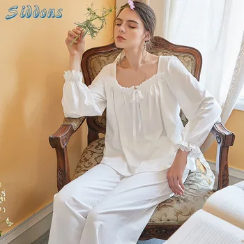 

SIDDONS Women Two-Piece Pajamas for Spring And Summer Solid Color Cotton Long-Sleeved Pajamas Women Sexy Palace Cute Home Suit