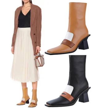 

Siddons Fashion Square Toe Women Ankle Boots Leather Side Zipper Vintage Ladies Runway Shoes Sexy Female High Heels Chelsea Boot