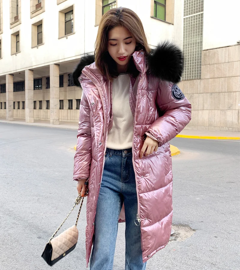 High Quality New Winter Jacket Women Warm Thicken Hooded With Fur Long Coat Shining Fabric Stylish Female Parka