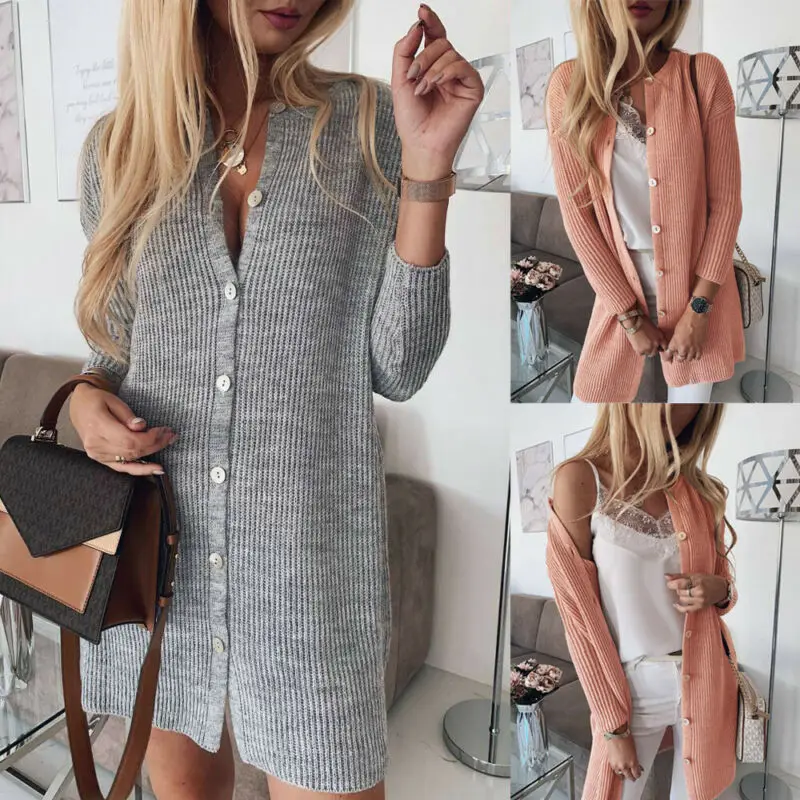 

Ladies NEW Open Front Knit Long Cardigan Solid O-neck Button Up Casual Long Sleeve Elastic Sweater Coats