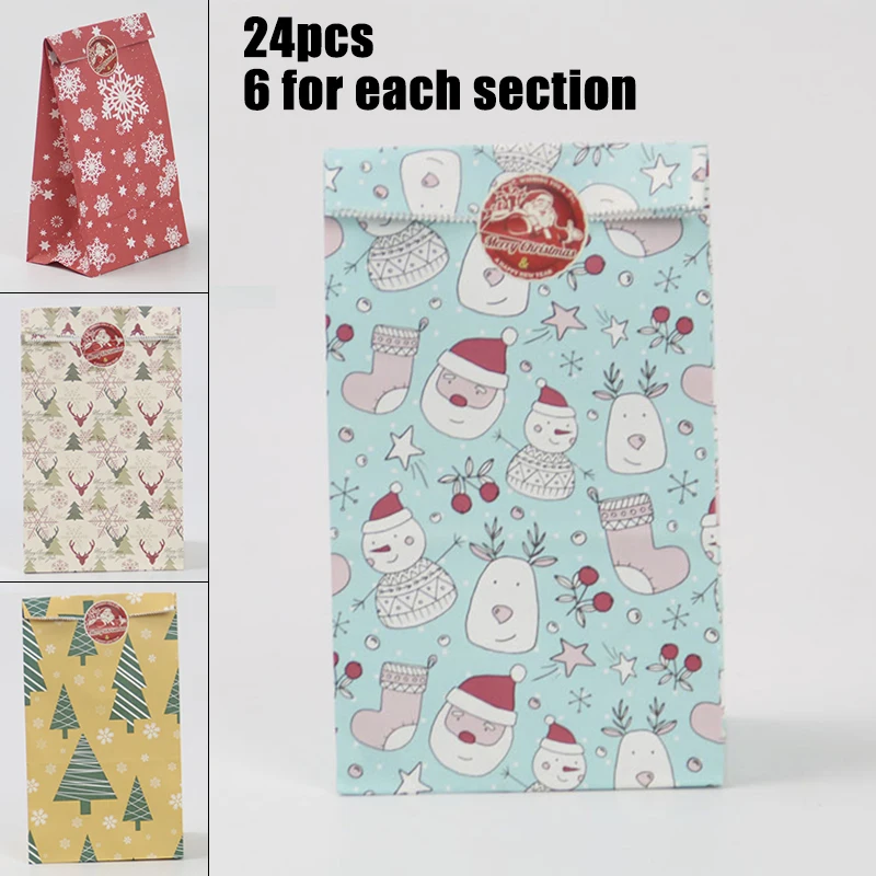 

24X Kraft Paper Bags+1X Sticker Square Base Oil-Proof Packing Bags For Christmas Food Cookie Birthday Party Favor Stand Bags