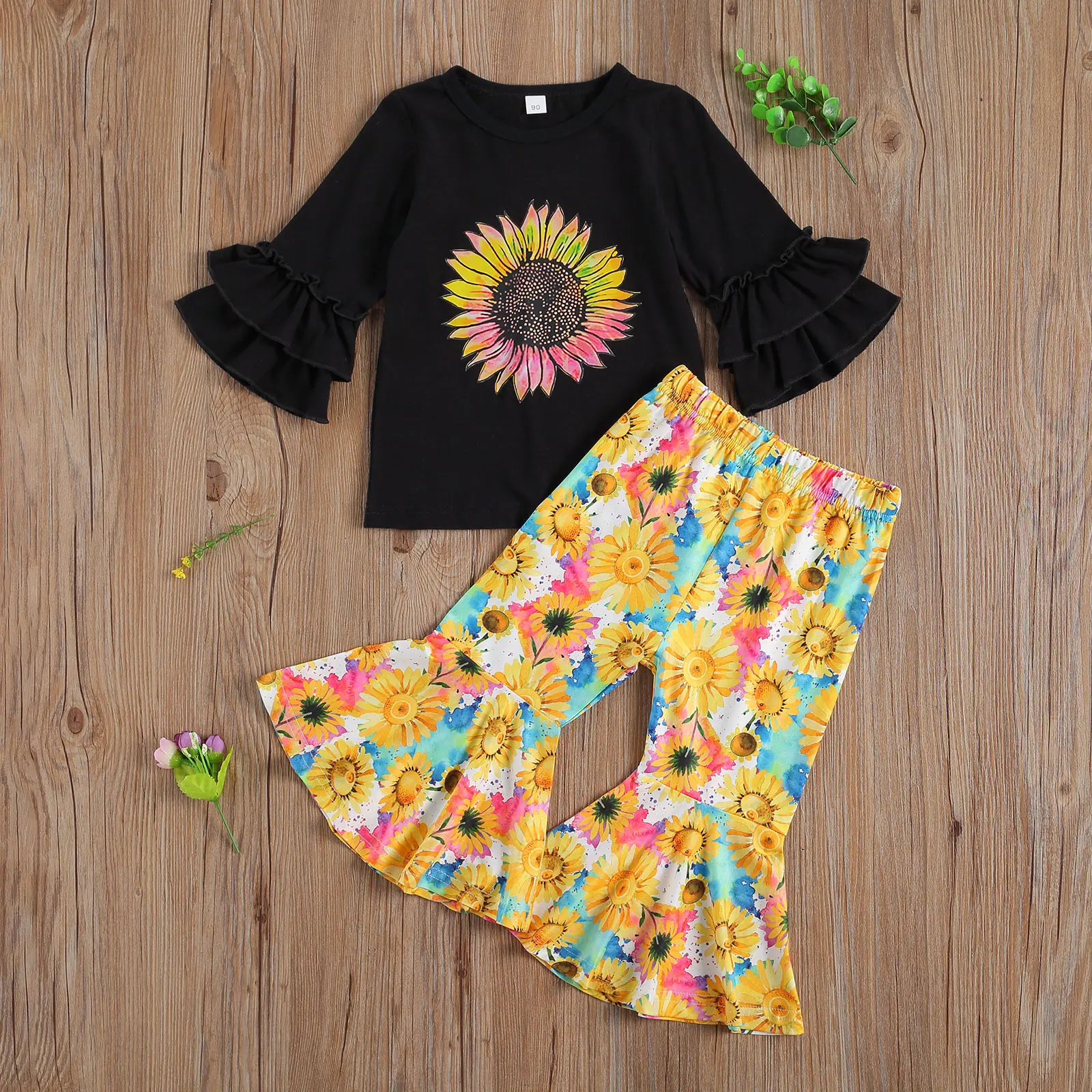 

Pudcoco Toddler Baby Girl Clothes 2Pcs Outfits Sunflower Print Flare Long Sleeve Tops Flared Pants Set for Children Baby Girls