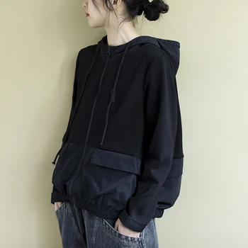 

Casual loose long-sleeved hooded sweater outer wear new spring clothing solid color stitching wild