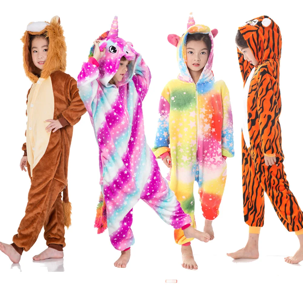 Plush Lion Kigurumi Anime Winter Jumpsuit Kids Pajamas for Children Girls Sleepwear Baby Boys Onesie Hooded Unicorn Overalls