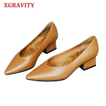 

XGRAVITY 2020 Pop Star Pointed Toe Girl Chunky Heel Woman Shoes V Design Warm Winter Shoes Elegant Fur Insole Lady Shoes A248