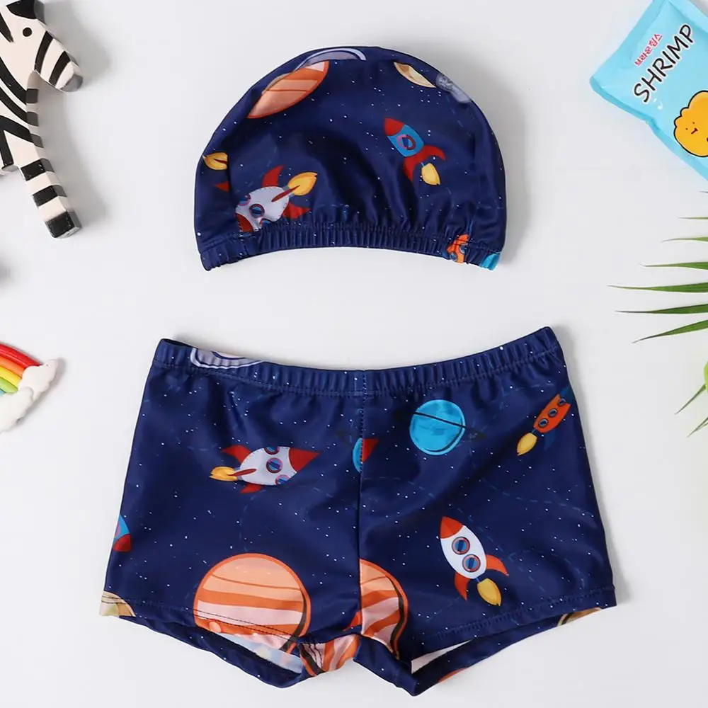 Boys Swimwear Swimming Cap Set Swim Pants Kids Child Swimsuit Summer Swim Wear Shorts Cartoon Printed Swimming Trunks