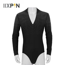 Мужские латинские танцевальные блестящие стразы v-образный вырез воротник стойка длинный рукав бальный Танго Румба Танец трико для танцев с рубашкой боди футболка Топы