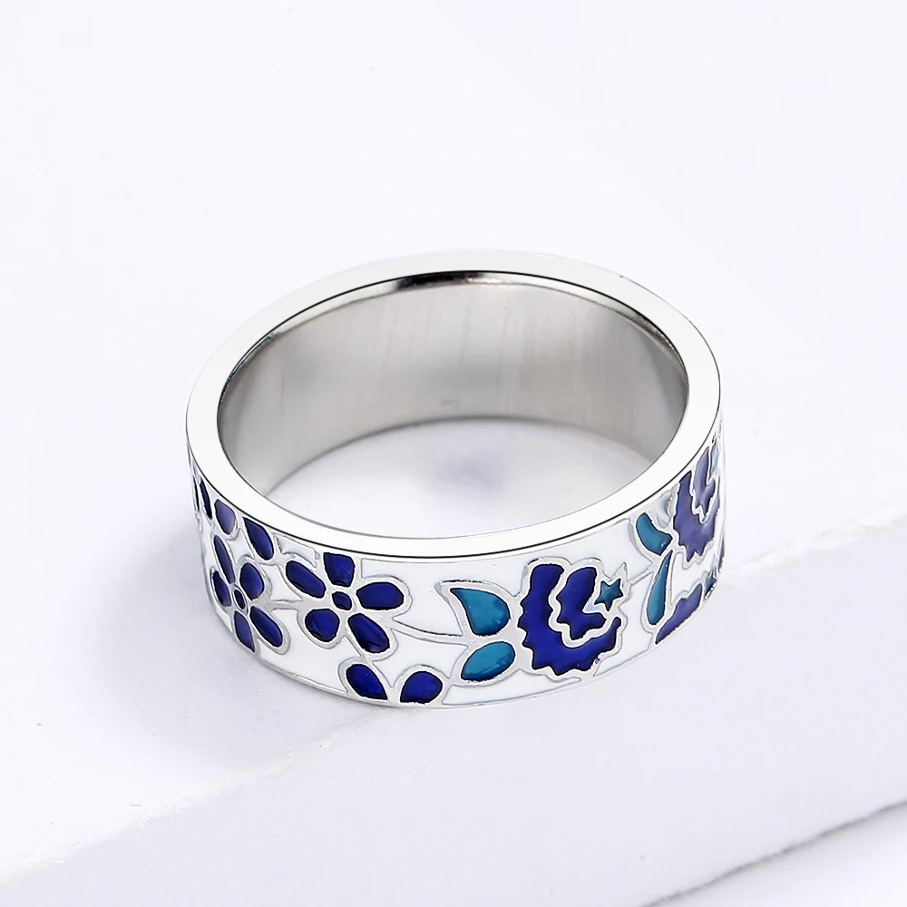 Women's Ring Blue Enamel Flower Ring Handmade Enamel Jewelry Wedding Bridal Fashion