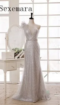 

robe de soiree One Shoulder Silver sequined vestido de noiva festa longo evening party gown 2018 Mother of the Bride Dresses