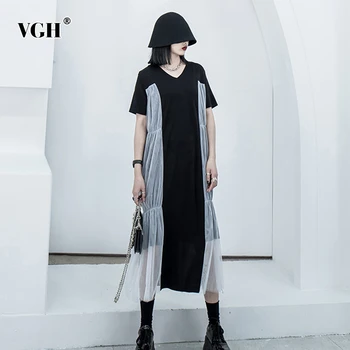 

VGH Elegant Patchwork Mesh Women Dress O Neck Short Sleeve High Waist Irregular Hit Color Ruched Dresses For Female Fashion New