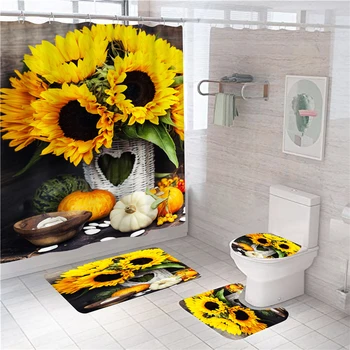

Bathroom Waterproof Non-Slip Polyester Floor Mat Shower Curtain Toilet Mat Set Household Bathroom Supplies 4-Piece Set