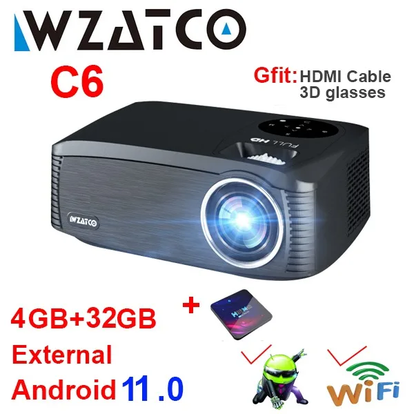 ceiling projector WZATCO C6 LED Projector Android 11.0 WIFI Full HD 1920*1080P Video Proyector 300inch Screen Home Theater Cinema Smart Beamer best buy projector Projectors