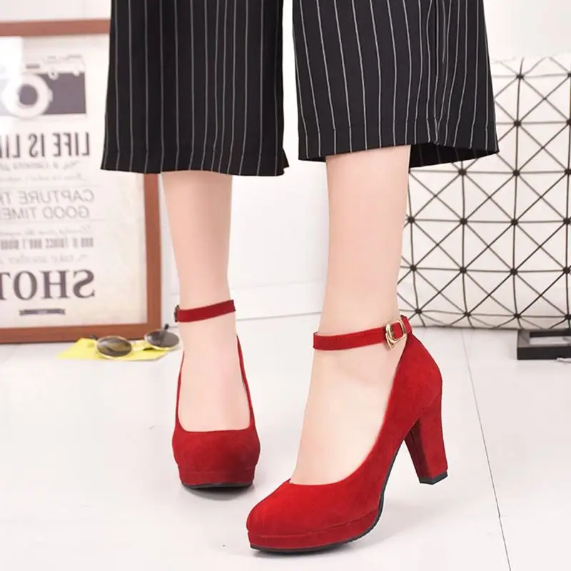 Zapatos de tacón grueso con plataforma para mujer, calzado de fiesta, de boda, Sexy, con hebilla, color rosa y rojo