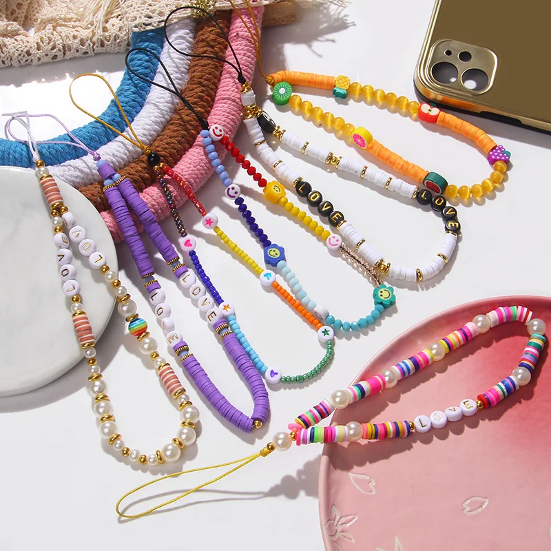 New Multicolor Mobile Phone Chain Handmade Strap Lanyard Beads Smile LOVE Letter Charm Anti-lost Cellphone Case Rope For Women