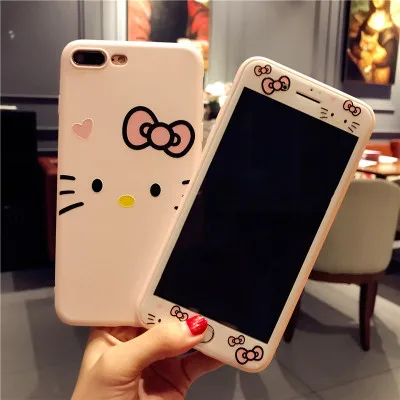 360 милый мягкий чехол с рисунком hello kitty Cat для IPhone XR XS Max X 10 8 7 6 6s Plus+ Передняя пленка из закаленного стекла