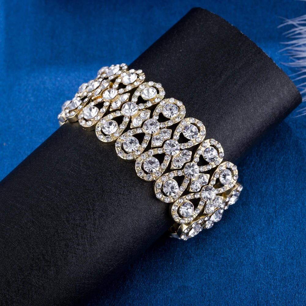 Bracelet Jewelry Wedding Jewelry Luxury Full Crystal Rhinestones Gold Color Bracelets for Women Bride Stretch Rope Wide Bracelets & Bangles Gift