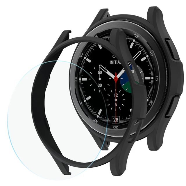 Glass+Case for Samsung Galaxy Watch 4 Classic 42mm 46mm,PC Matte Cover All-Around Protective Bumper Shell for Galaxy Watch4 Black One Glass