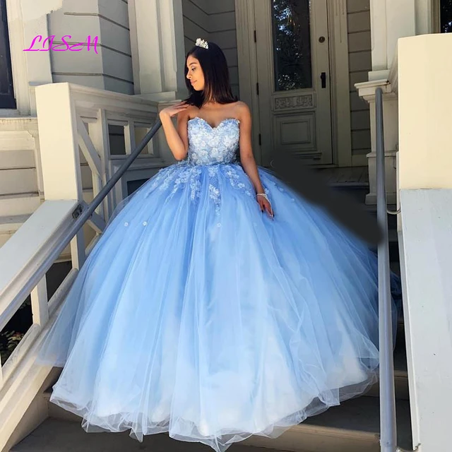 Vintage Light Blue Ball Gown Quinceanera Dresses Sweetheart Lace Appliques  Sweet 16 Dress Long Prom Party Gowns Vestidos 15 Anos - Quinceanera Dresses  - AliExpress