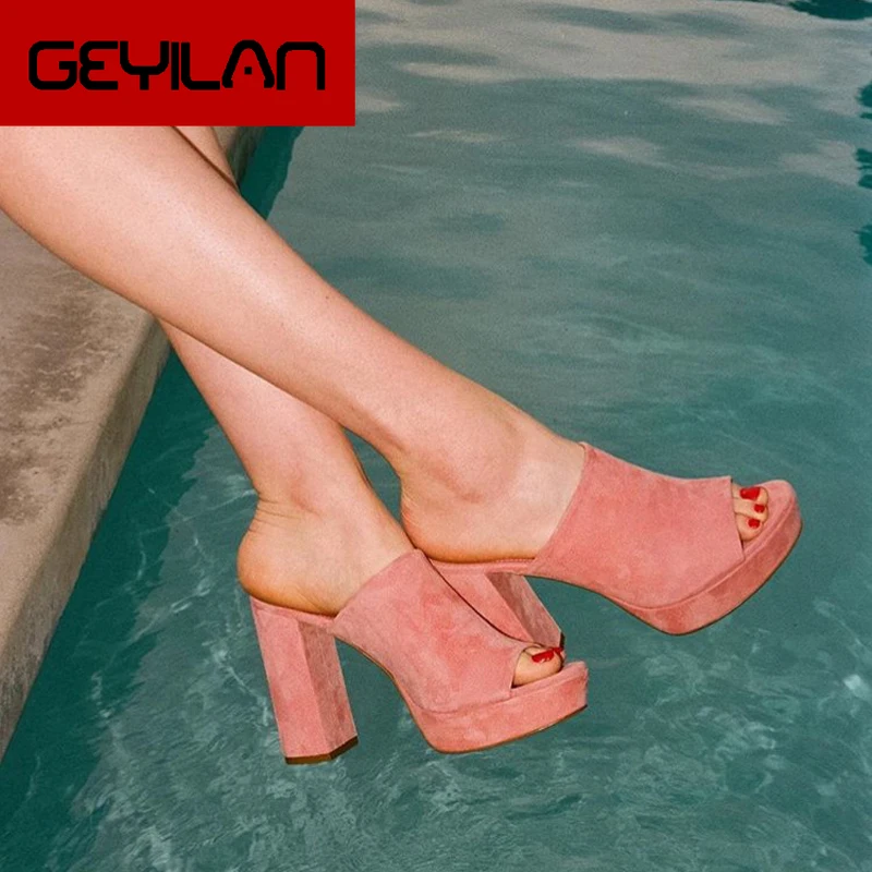 

Summer Genuine Leather Women Sandals Retro Suede Women Mules Slip On Women Shoes Square High Heels Women Platform Sandals