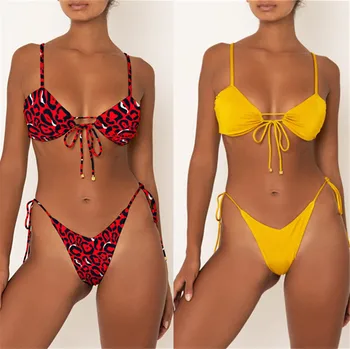 

2020 New Sexy Thong Bikinis Set Solid Bikini Push-Up Swimwear women 2020 Bandage Swimsuit Beachwear Bathing Suit Swimming Suit