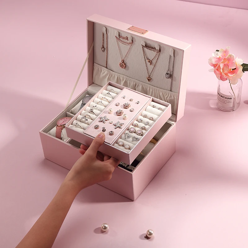 Online Casegrace 2019 diseño de moda caja de joyería de cuero grande caja de exhibición de joyería 2 capas organizador de maquillaje anillo caja de almacenamiento de collar