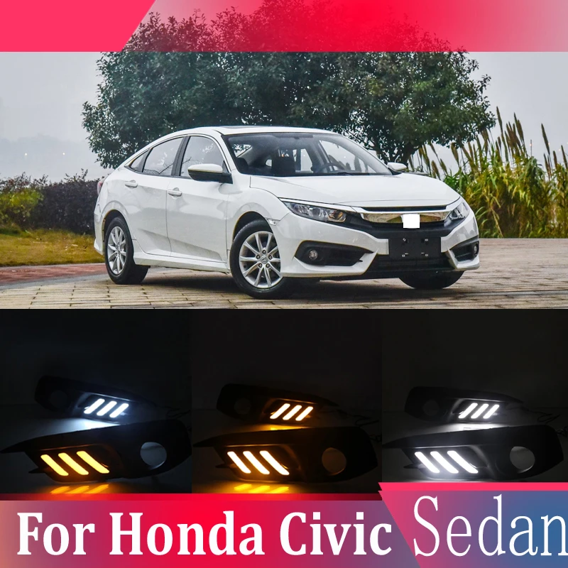 

2pcs For Honda Civic Sedan 2016-2018 LED Daytime Driving Running Light DRL Car Fog Lamp 6000K White Turn Yellow Turn Blue Light
