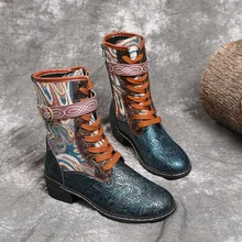 

Europe Bohemian National Style Women Boots Print Lace-up Martin Boots Women's 35-43 Size Fashion Ankle Boots Female 2021 New
