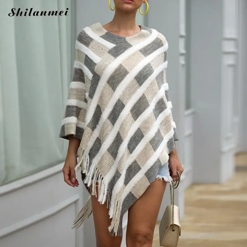 

2019 Spring Autumn Striped Pullovers Knitted Loose Tassel Soft Shawl Poncho Women Iiregular Long Batwing Sleeve Pullover Sweater