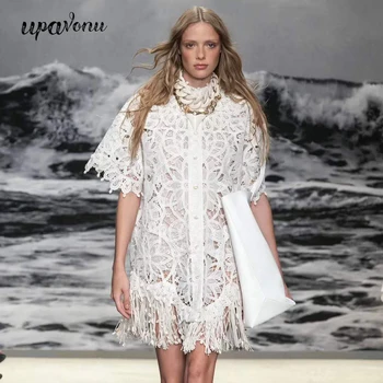 

Fashion Designer Sexy Hollow Out Embroidery White Lace Dress 2020 New Summer Women Heavy Industry Shell Tassel Catwalk Dress