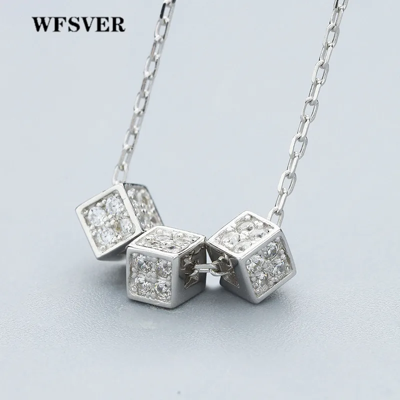 

WFSVER 925 Sterling Silver Fashion Jewelry Necklace Three Square Shape Pendant With Crystal Necklace For Women Fine Jewelry