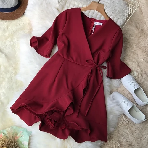Новая мода Женская одежда модная взрослая летняя комбинезон женский slim fit асимметричное, с короткими рукавами и рюшами - Цвет: Бургундия
